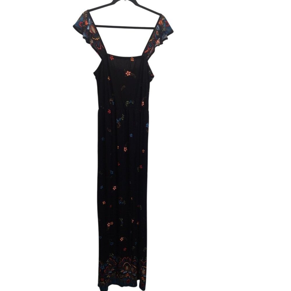 Fairy Dress Womens Large Black Floral Boho Maxi Made in USA Ruffle Sleeves
